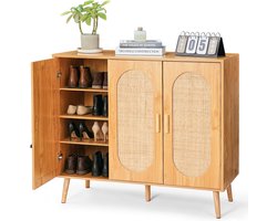 HOKEEPER schoenenkast met deuren – smalle schoenenkast voor 22-25 paar schoenen – houten schoenenkast met open vak en opbergblad – vrijstaande schoenenopberger voor hal, entree en slaapkamer – bruin – 100,2 × 40,2 × 87,5 cm
