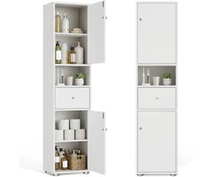 HOKEEPER Smalle Badkamerkast – Hoge Badkamerkast met Lade. Open Vakken en Deur – Vrijstaande Opbergkast – Badkamermeubel voor Badkamer. Woonkamer. Slaapkamer en Hal – Wit – 38.5 x 30 x 165 cm