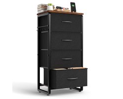 HOKEEPER Smalle Ladekast met 4 Stoffen Lades – Opbergkast met Metalen Frame en Houten Blad – Kast met Lades – Dressoir voor Woonkamer. Slaapkamer en Hal – Zwart – 42 x 28 x 82.2 cm