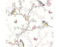 HoldSongbird Behang – Vogels & Bloemen – Wit Multi – Vliesbehang – 53 cm x 10,05 m – Landelijke & Botanische Stijl