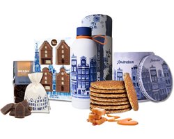 Holland pakket - Delfts blauw - Waterfles - Drinkfles RVS - Stroopwafels in blik - Lekkernijen - Grachtenpand - Hollandse cadeautjes - Souvenirs