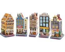 Hollandse Huisjes - Set van 5 - Amsterdam - hoogte 13 cm - Grachtenpand huisjes - souvenirs Nederland - Van Gogh - Klompen - Hollandse cadeautjes - Amsterdam souvenir