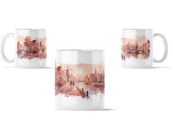 Hollandse stad bij zonsondergang mug – schilderachtig dorp met molens en gracht – kunst | Nederland | romantiek – cadeau: verjaardag | housewarming
