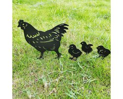 Holle Kippenfamilies - Prachtige Tuindecoratie met Levendig Silhouetontwerp - Set van 4 Metalen Stakes - Weerbestendig en Duurzaam - Eenvoudig te Installeren