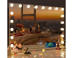 Hollywood Make Up Spiegel - 80 x 60 cm - Led Verlichting - Bluetooth Speaker - 18 LED Lampen - 3 Lichtstanden & Dimbaar - USB + TYPE-C Oplaadpoort - 10x Vergroting - Muur- en Tafelmodel - Wit