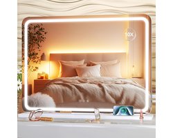 Hollywood Make Up Spiegel - Led Verlichting - Smart Touch - 3 Lichtstanden & Dimbaar - USB + TYPE-C Oplaadpoort - 10x Vergroting - Muur- en Tafelmodel - 80 x 60 cm - Wit - Perfect Cadeau voor Vrouwen