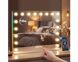 Hollywood Make-upspiegel Met 18 Dimbare Ledlampen, 3 Lichtstanden, Rgb Verlichting, 10X Vergroting, 80 X 60 Cm, Glas, Wit, Voor Make-up En Wandmontage