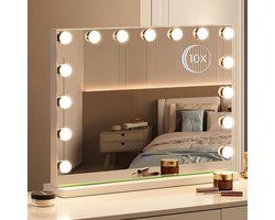 Hollywood Spiegel met verlichtin - 10x Vergroting- 3 lichtstanden - Dimbaar - Make Up Spiegel - 58x46CM - Wit