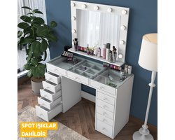 Hollywood Vanity Make-up Tafel – Kaptafel met Verlichte Spiegel – 11 Lades – Wit