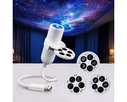 holografische nachtlichtprojector – Holografisch Projectie-nachtlampje – Sterrenhemelprojector – Plug-and-Play – 360° Verstelbaar – USB-voeding – Inclusief 3 Projectiefilms (15 Patronen) – Cadeau voor Kinderen