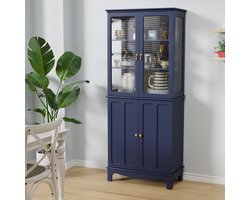 HOLTICO blauw vrijstaande keukenkast met glasdeur, klassieke hoge glaskast met verstelbare planken voor keuken, woonkamer en eetkamer-blauw