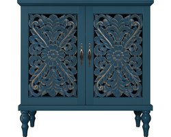 HOLTICO - Vintage dressoir - Hout - Groen - Met holle bloemsnijwerk voor woonkamer, eetkamer en keuken