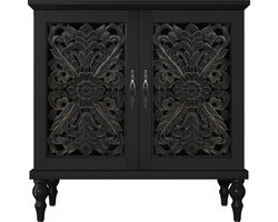 HOLTICO - Vintage dressoir - Hout - Groen - Met holle bloemsnijwerk voor woonkamer, eetkamer en keuken