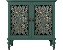 HOLTICO - Vintage dressoir - Hout - Groen - Met holle bloemsnijwerk voor woonkamer, eetkamer en keuken