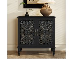 HOLTICO - Vintage dressoir - Hout -zwart- Met holle bloemsnijwerk voor woonkamer, eetkamer en keuken