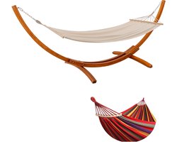 HOMAVO Hangmat met Houten Standaard, Inclusief 2 Hangmatten, Belasting 200 kg, 320×120×120 cm, Hoogte Verstelbaar, Voor Tuin, Terras en Balkon