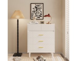 HOMAVO Ladekast DG2 – 5 Lades – 90 cm Hoog – Golflade Design – Wit / Zwart – Modern Dressoir
