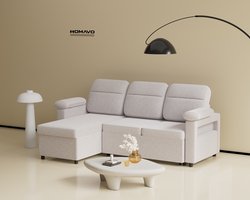 HOMAVO Multifunctionele L-vormige Hoekbank – Omkeerbare Longchair (Links/Rechts) – Uitschuifbaar Bed – Veer-Pakket Zitkussens – Stoffen Bekleding – Grote Opbergruimte – Beker- & Telefoonhouder – Afneembare Hoezen – FSC Houten Frame