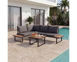 HOMAVO Tuinmeubelset voor 3-4 personen - L-vormige hoekbank met salontafel - Hoogveerkrachtige zitkussens - Water- en zonbestendig - Geschikt voor terras, balkon en tuin