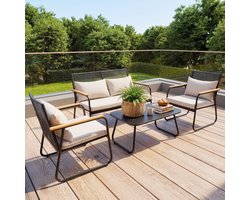 HOMAVO Tuinmeubelset voor 4 personen - Rotan loungebank met dikke zitkussens en afneembare rugleuning - Hoogbelastbaar en roestbestendig metalen frame - Waterbestendig - Geschikt voor balkon, terras en tuin