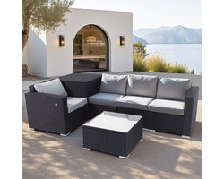 HOMAVO Tuinmeubelset voor 4 personen - Twee armstoelen en twee eenpersoons loungestoelen - Tafel met glazen blad - Inclusief opbergbox en beschermhoes - geschikt voor de tuin, het balkon en het terras