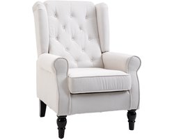 HOMCOM Eenpersoons Relaxstoel - Oorfauteuil met Knopen en Houten Poten - Crèmekleurig