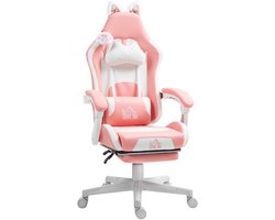 HOMCOM Gamestoel met Kattenoren en Voetensteun - Bureaustoel, Gamingstoel - Roze en Wit