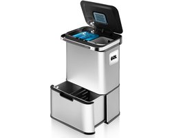 Hom&Com Prullenbak 3 Vakken 60L Grijs – Automatische Afvalbak met Sensor – Soft-Close Deksel, Ozonfunctie & Geurfilter voor Afvalscheiding