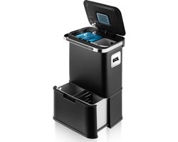 Hom&Com Prullenbak 3 Vakken 60L Zwart– Automatische Afvalbak met Sensor – Soft-Close Deksel, Ozonfunctie & Geurfilter voor Afvalscheiding