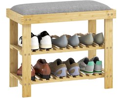 Homcom Schoenenbank-Bamboe, polyester-60 x 29 x 49 cm-Grijs + natuurhout