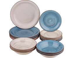 Home 18-delig tafelservies van keramiek, decoratief tafelservies voor 6 personen, soepborden, platte borden, fruit- of dessertborden, blauwe en grijze stijl