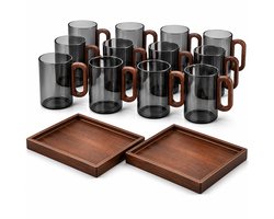 Home & Beyond® 14-delige Glazenset met Houten Dienbladen – 12 Glazen Bekers met Handvat 500ml – Hittebestendig Glas – Voor Koffie, Thee, Water en Sap