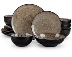 Home & Beyond® 16-Delige Stoneware Serviesset voor 4 Personen - Dinerborden, Ontbijtborden, Kommen en Diepe Borden - Bruin