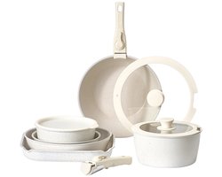Home & Beyond® 17-Delige Pannenset Beige – Afneembare Handgreep – Geschikt voor Inductie – Inclusief Koekenpannen, Steelpannen, Hapjespan & Grillpan