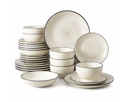 Home & Beyond® 24-Delig Serviesset voor 6 Personen - Handbeschilderd Spiraal Design - Keramisch Tafelservies - Borden en Kommen Set - Beige