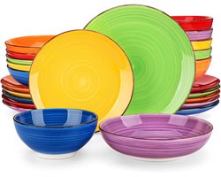 Home & Beyond® 24-delige Kleurrijke Serviesset – Stoneware Servies voor 6 Personen – Dinerborden, Dessertborden, Kommen & Pastaborden – Vaatwasser- en Magnetronbestendig
