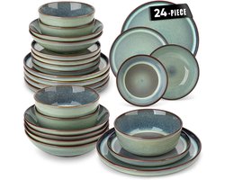 Home & Beyond® 24-Delige Stoneware Serviesset voor 6 Personen - Dinerborden, Ontbijtborden, Kommen en Diepe Borden - Olijfgroen
