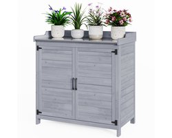 Home & Beyond® Houten Tuinkast met Werkblad, Legplank en Plantenbak met Opbergruimte - Buiten Opbergkast - Grijs - 98 cm Breed