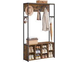 Home & Beyond® Kapstok met Schoenenbank, Kledingroede en 9 Haken - Garderoberek met Schoenenrek - Rustiek Bruin en Zwart - 100 x 32 x 180 cm