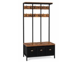 Home & Beyond® Kapstok met Zitbank, Opbergboxen en 12 Dubbele Haken - Halmeubel en Garderoberek - Zwart en Vintage Houtlook - 100 x 37 x 182 cm