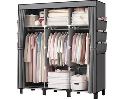 Home & Beyond® Opvouwbare Stoffen Kledingkast met Hoes en Planken - 3 Hanggedeeltes en 18 Zijvakken - Grijs - 130 x 45 x 170 cm