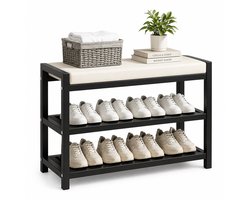 Home & Beyond® Schoenenbank met Schoenenrek - Opbergbank met Zitkussen - Entreebank voor Hal en Slaapkamer - Metalen Frame - Zwart - 80x25x43 cm