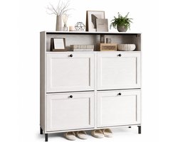 Home & Beyond® Schoenenkast Smal - Schoenenopberger Hal - Schoenenrek met 4 Kantelvakken - Opbergkast met Open Vak - Wit - 100x24x108 cm