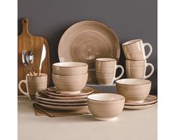 Home & Beyond® Serviesset 16-delig - 4 Personen - Dinerservies met Dinerborden Dessertborden Ontbijtkommen en Mokken - Lichtbruin Beige