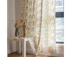 Home Boho Gordijn Semi-Verduisterend Kleurrijk Bloemenprint Katoenen Linnen Stof, Handgemaakte Kwasten Stangzak Boheemse Boerderij Landelijke Raamgordijnen voor Woonkamer Slaapkamer, 150*200cm, 1 Paneel