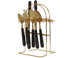 Home Deco Factory Bestekset - 24 delig - goud/zwart - metaal - kunststof - marmer look - 6 personen