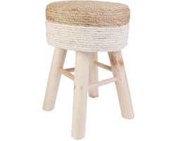 Home Deco Factory Bijzet krukje Mirage - Ibiza/boho - beige - dennenhout - 35 x 41 cm - gevlochten