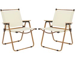 Home Deco Factory camping/strand stoel - 2x - hout/stof - inklapbaar - beige - L55 x B63 x H77 cm - camping stoelen