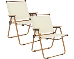 Home Deco Factory camping/strand stoel - 2x - hout/stof - inklapbaar - beige - L55 x B63 x H77 cm - camping stoelen