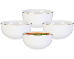 Home Deco Factory Kommetje/serveer schaaltje - 4x - wit met gouden rand - D14 x 7 cm - porselein - ontbijt/hapjes - stapelbaar - Soepkommen